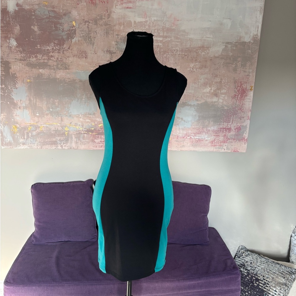 Vintage Guess Black and Turquoise Body con Mini  Dress Size‎ M